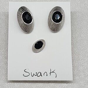 Vintage Swank Mens Silver Oval Onyx Cufflinks & Tie Tack Jewelry Set
